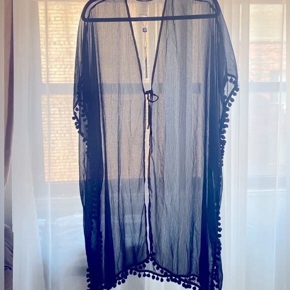 BLEU BY ROD BEATTIE Women Black Caftan Cover-Up Tassel Trim One Size Fit All NWT - Picture 3 of 8